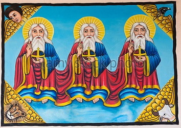 Africa, Eritrea, Massawa, Tualud, St Marys Cathedral Church three wise men painted wall mural - Stock Image