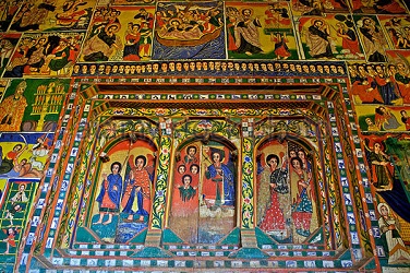 Murals in the the 16th century Christian Monastery and church, Zege Peninsula, Lake Tana, Ethiopia, Africa - Stock Image
