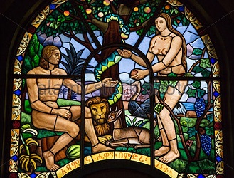 Stained glass window depicting Adam and Eve in the Garden of Eden, Holy Trinity Cathedral, Addis Ababa, Ethiopia - Stock Image